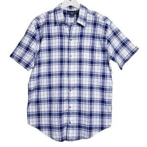 Casual Country Blue & White Plaid Short Sleeve Button Down Shirt Men's Large